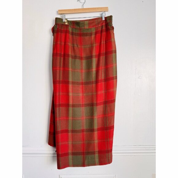 Vintage Spiegel Plaid Midi Wrap Skirt Size 14 Red Green Tartan Fringe Holiday - Picture 9 of 11